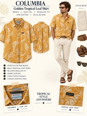 Columbia Golden Yellow Tropical Leaf Short-Sleeve Button-Down Shirt